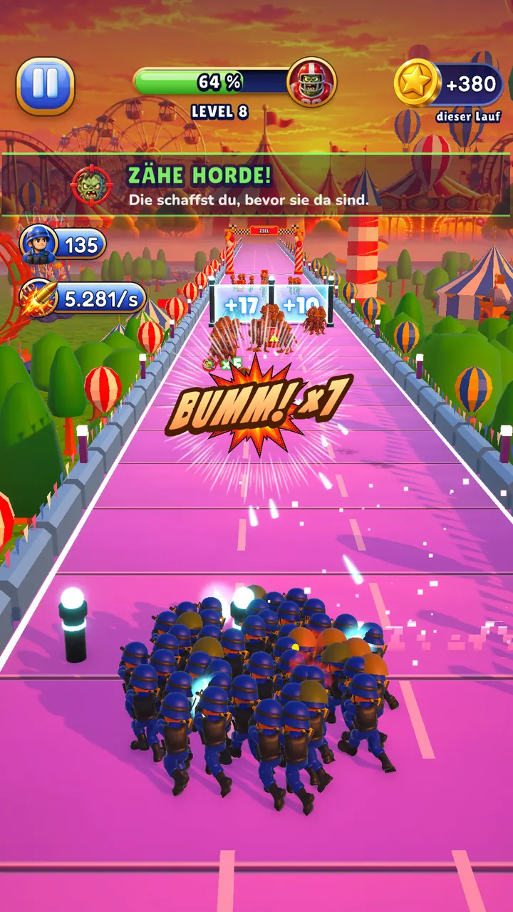 Level 8 auf dem Jahrmarkt: zwei Plus-Tore voraus, während ein Fass explodiert – Bumm! ×6