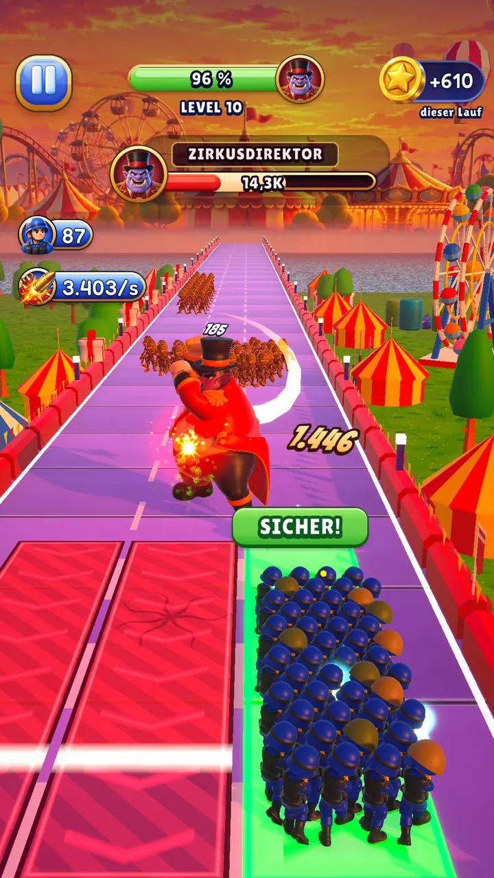 Level 10 auf dem Jahrmarkt: Der Zirkusdirektor schlägt zu, der Trupp wartet in der sicheren Spur
