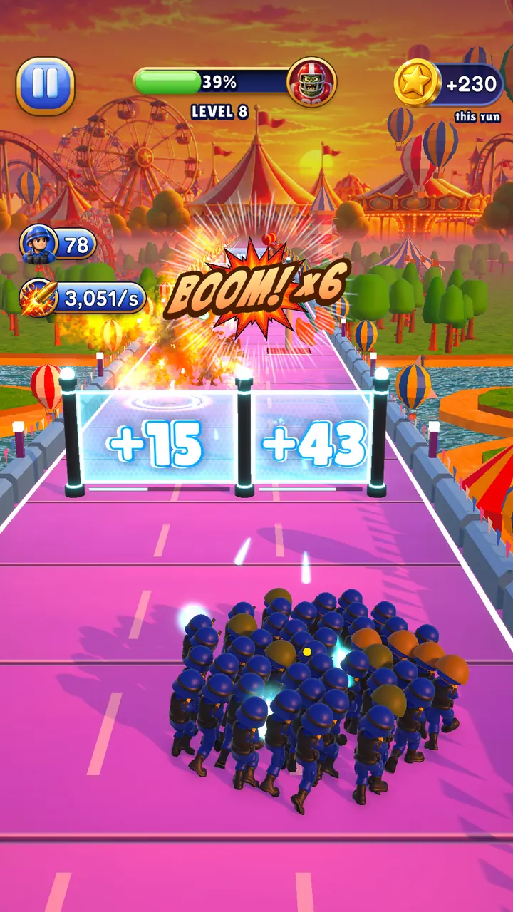 Level 8 on the Funfair: two plus gates ahead while a barrel explodes – Boom! ×6