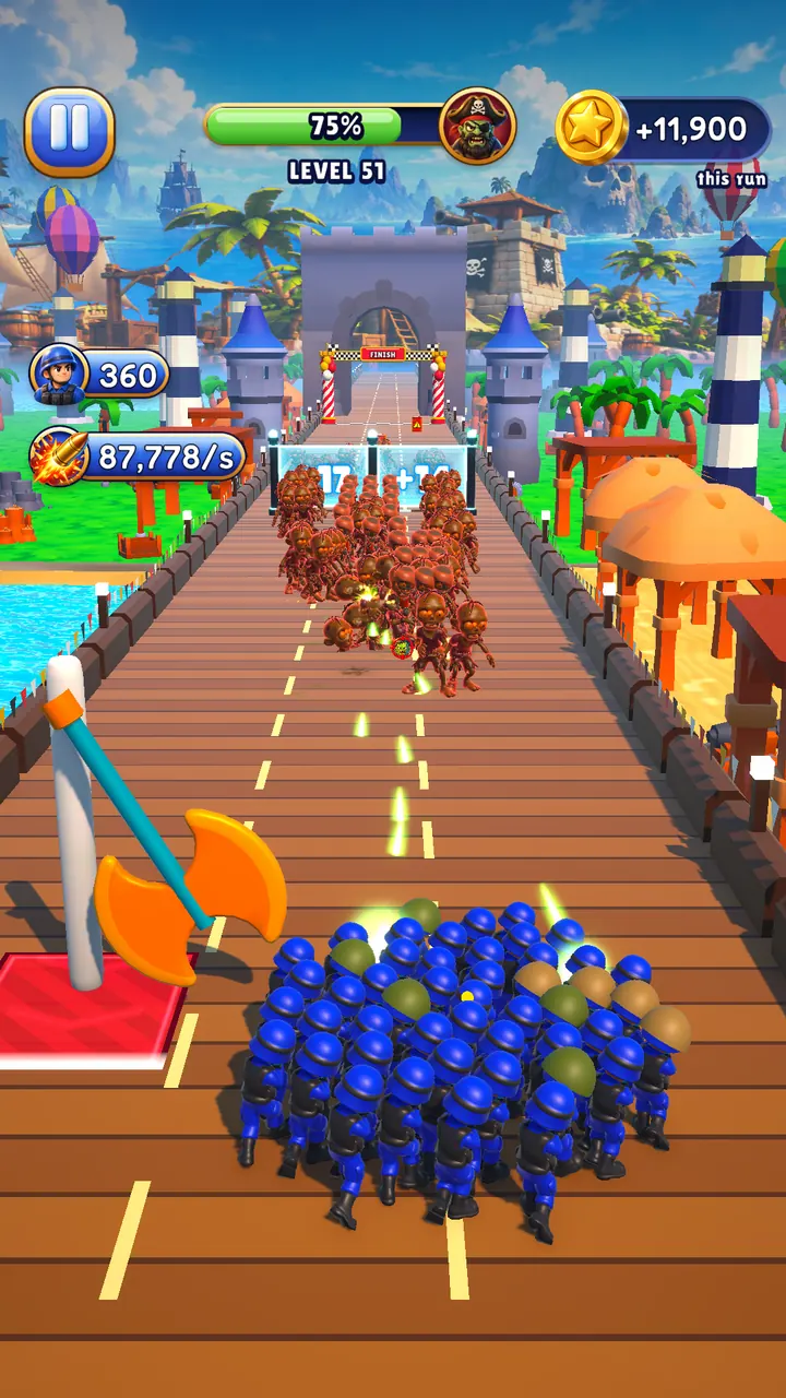 Level 51 in Pirate Cove: a squad of 360 soldiers storms along the pier towards the horde