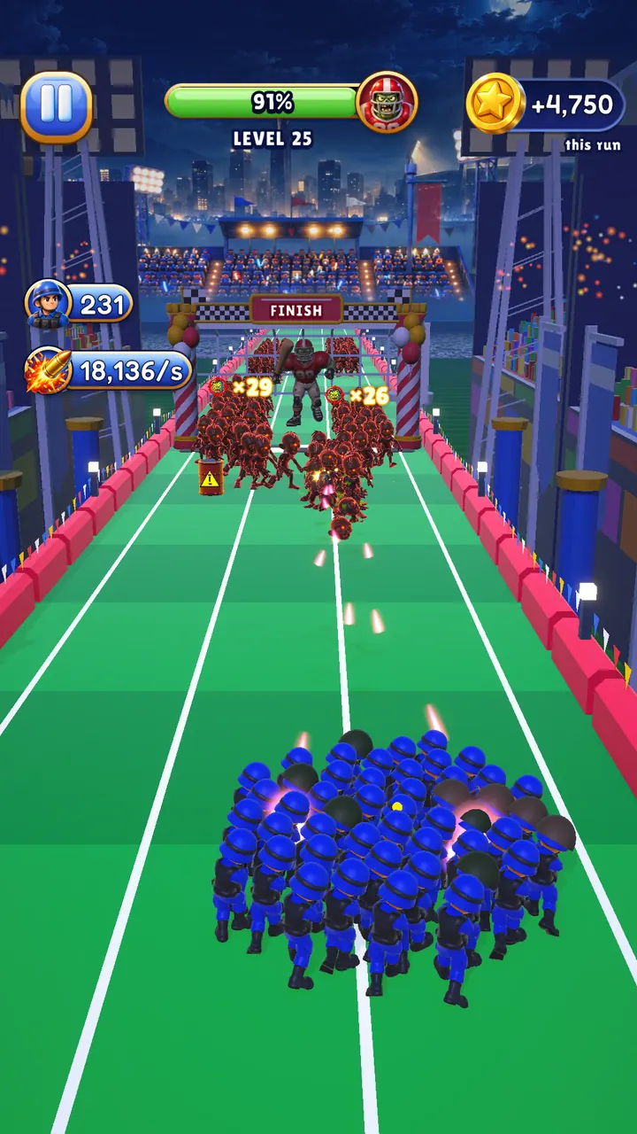 Level 25 in the Stadium: the horde charges down the running track