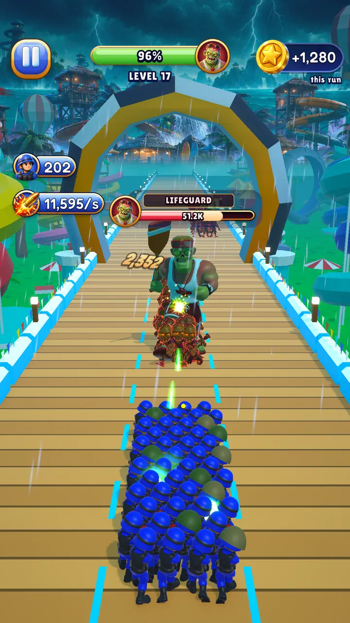 Level 17 in the Water Park: the Lifeguard blocks the lane in the pouring rain