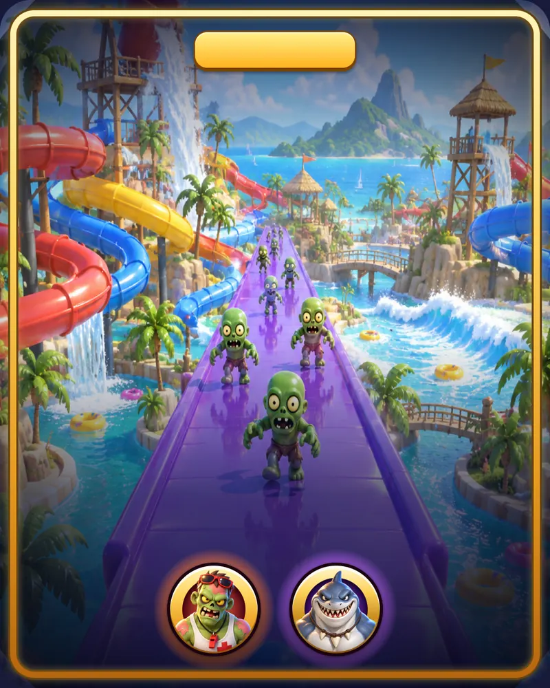 Title card of the world Water Park with the bosses Lifeguard and Shark Mutant