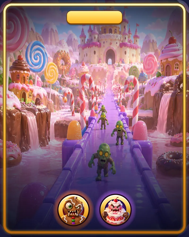 Title card of the world Candy Land with the bosses Gingerbread Zombie and Cake Giant