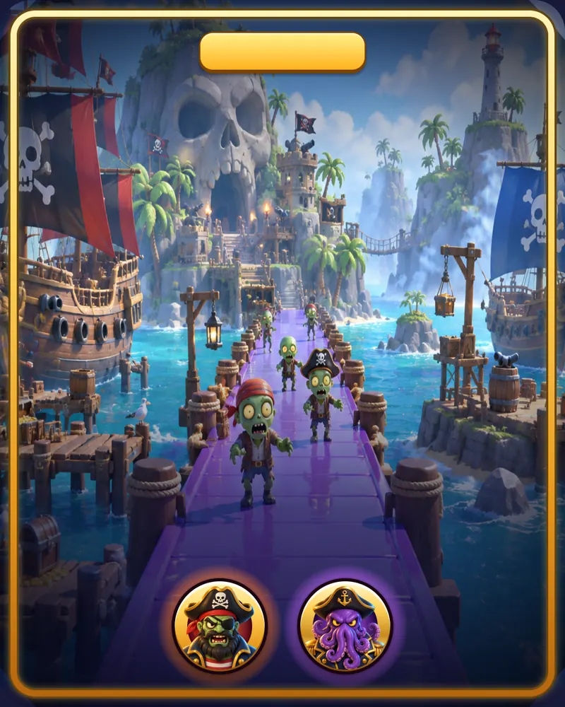 Title card of the world Pirate Cove with the bosses Pirate Zombie and Kraken Captain