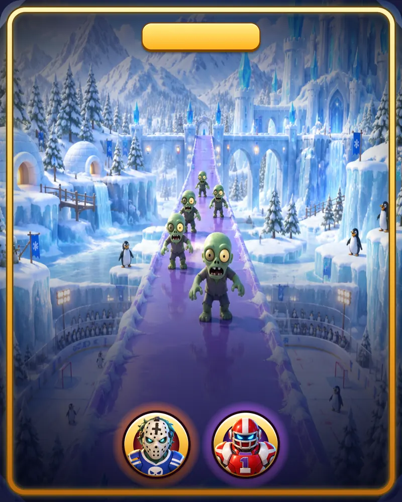Title card of the world Ice Arena with the bosses Hockey Zombie and Robo Defender