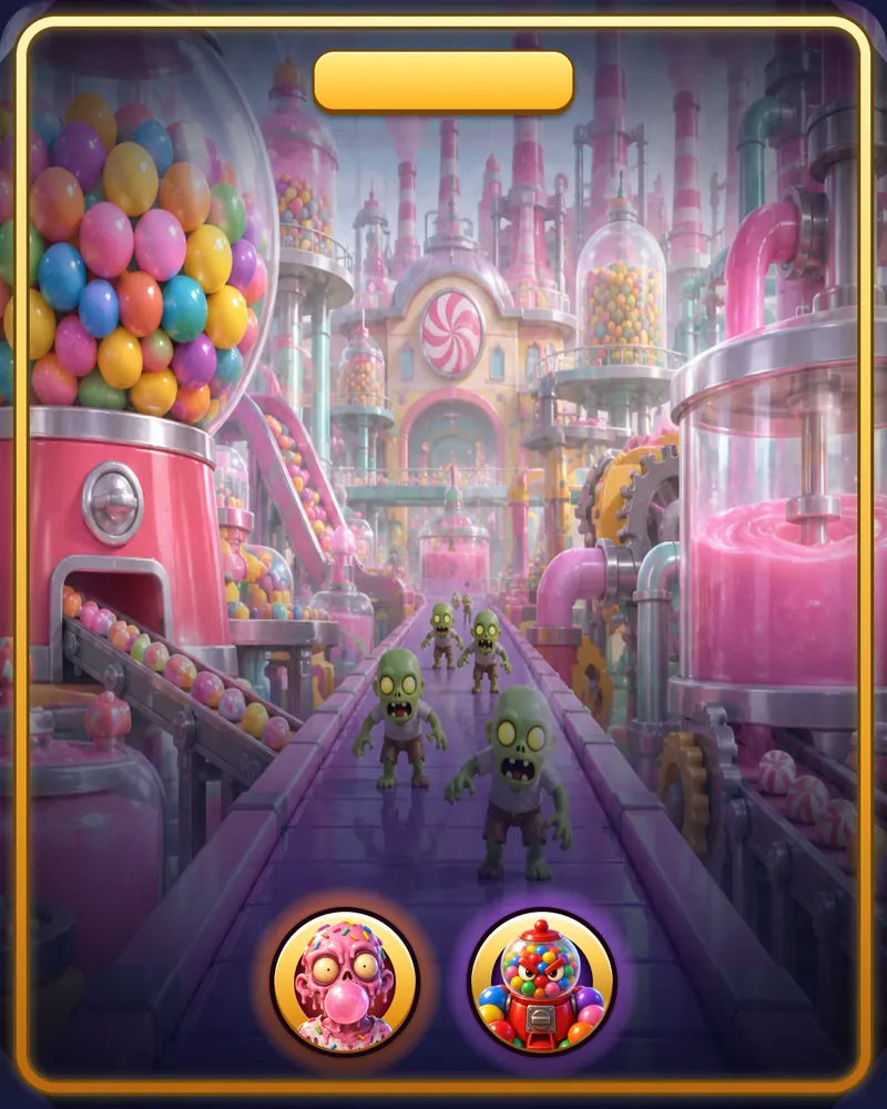 Title card of the world Gum Factory with the bosses Bubblegum Zombie and Bubblegum Golem